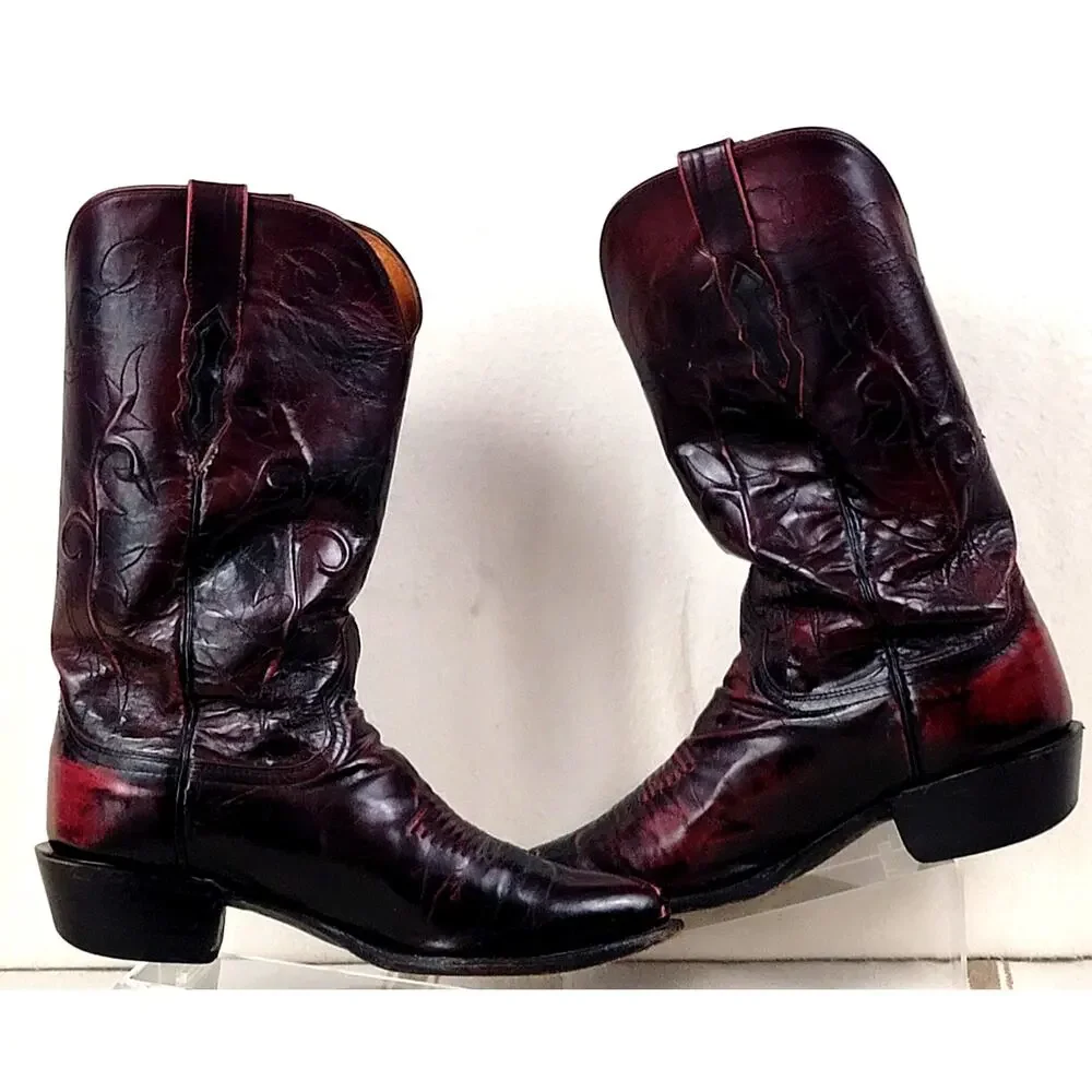 Vintage Lucchese Roper Cowboy Boots Dark Cherry USA Leather Men’s 7.5E Western